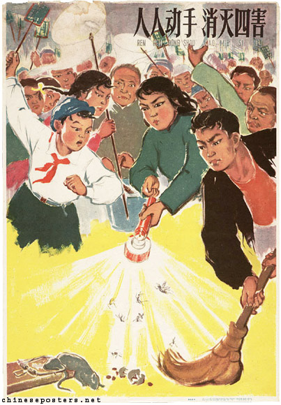 از بین بردن آخرین گنجشک. این پوستر با هدف مدارس، بخشی از مجموعه‌ای در سال 1959 برای حمایت از «کمپین 4 آفت» برای ریشه‌کن کردن گنجشک‌ها، موش‌ها، مگس‌ها و پشه‌ها بود.